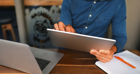 Poster - Remote work, person or hands with tablet at restaurant for reading email, research or submission. Freelancer, journalist and digital app at bistro for proofreading article, creative ideas or editing