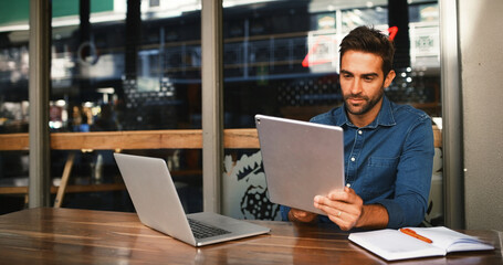 Poster - Tablet, research and man in coffee shop for remote work, update review or journalist check email. Technology, cafe and freelancer on internet for news, editing report and reading headline online