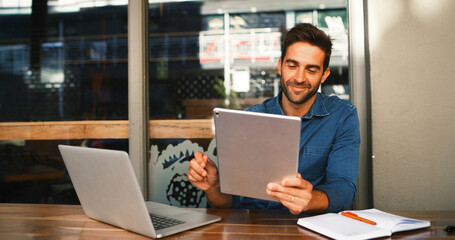Poster - Tablet, smile and man in cafe for hybrid work, update review and journalist check email. Technology, coffee shop and freelancer on internet for news, editing report and reading headline for article