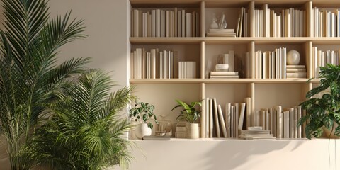 Wall Mural - this image showcases a modern bookshelf filled with books and decorative items, complemented by lush
