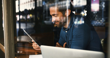 Poster - Tablet, window and man in coffee shop for remote work, update review or journalist check email. Technology, cafe and happy freelancer on internet to research news, report and reading headline online