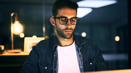 Aufkleber - Office, glasses and businessman with laptop for website, proofreading and deadline for news story. Night, male person and journalist with technology for blog editing, research and online publication