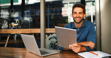 Poster - Portrait, smile and tablet with man in coffee shop to research for small business startup. Laptop, schedule and website with happy freelance employee person of cafe or restaurant as customer