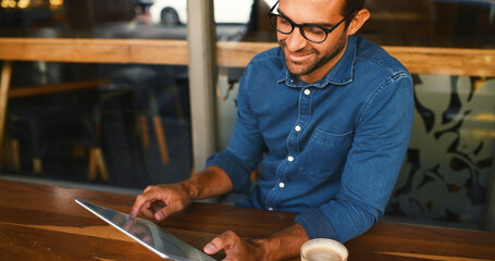 Poster - Tablet, reading and man in coffee shop for remote work, scroll review or journalist check email. Technology, cafe and happy freelancer on internet to research news, report and editing story headline