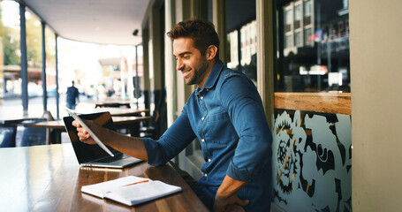 Poster - Remote work, man or happy with tablet at cafe for editor feedback, publication approval or research. Freelancer, journalist and digital app at outdoor bistro for proofreading article and editing blog