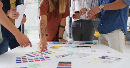 Poster - Color swatch, hands or people with teamwork for planning, brand choice or approval decision. Meeting, review or creative project manager with group, tablet or designers for company identity or task