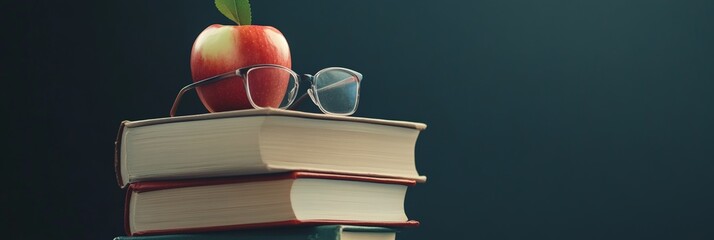 Aufkleber - Two books resting side by side, topped with an apple and eyeglasses, represent the ongoing pursuit of knowledge and highlight the vital role of education in personal growth