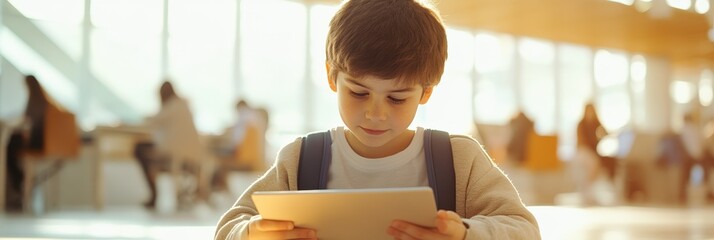 Aufkleber - Elementary school student with a backpack engaging with a digital tablet in a modern school library, embodying the back to school spirit and the joy of learning