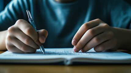 Poster - Close up of student hands diligently writing in a notebook, focusing on homework assignments and exam preparations, capturing the essence of education and learning