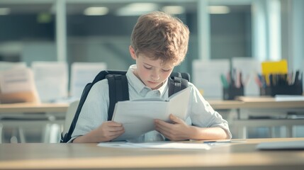 Poster - Young student reading a textbook at a desk in a brightly lit classroom, immersing in studies and diligently preparing for the upcoming school day with focused concentration