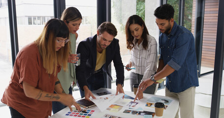 Poster - Office, business people and teamwork with choice for color swatch, creative agency and planning. Boardroom, women or men as graphic designer with palette for brainstorming, company branding or point