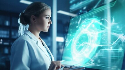 Poster - The Scientist and Technology: A dedicated scientist meticulously analyzes intricate data on a cutting-edge technological display. Illuminated by the cool blue light.