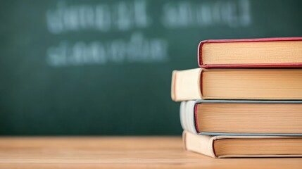 Poster - Stack of books neatly arranged on a wooden desk with a chalkboard in the background, symbolizing education and the back to school season in a classroom setting