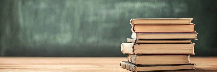 Aufkleber - Old books stacked on wooden school desk with blurred green chalkboard in the background representing learning, education, and back to school preparation