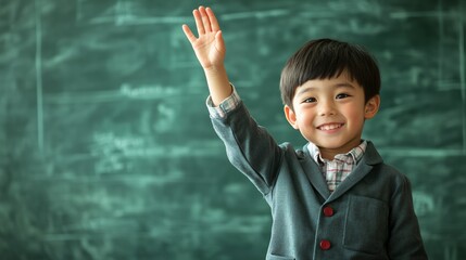 Aufkleber - Enthusiastic pupil wearing a jacket raises his hand in a classroom with a green chalkboard, ready to answer the teacher's question and participate actively in the lesson