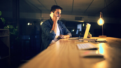 Aufkleber - Laptop, phone call and creative businessman at night for research, copywriting deadline or office project. Worker, editor and typing with overtime, update or discussion for news article online