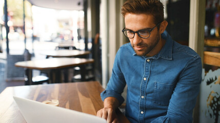 Aufkleber - Coffee shop, laptop and business man reading for online report, proposal and research. Restaurant, professional and person on computer for internet, project and review for freelance career in cafe