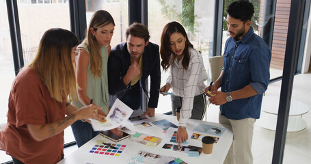 Aufkleber - Campaign, designers or people with teamwork for choice, branding and startup decision. Sticky note, review or creative project manager in business with group, ideas and meeting for color swatches