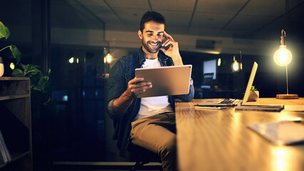 Fototapete - Dark, smile and man in office, tablet and email with graphic designer, internet and web proposal. Person, night and freelancer with deadline, tech and app for creative project and online reading