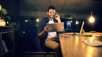 Fototapete - Night, business and man with smile, tablet and internet with graphic designer, email and web proposal. Person, evening or employee with tech, connection or app for creative project or online reading