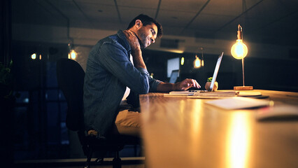 Poster - Neck pain, night and man in office with injury for working late on project, deadline and software. Professional, IT technician and person on laptop with stress, strain and muscle fatigue for posture