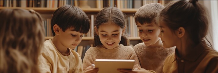 Aufkleber - Four young pupils collaborating on a school project while using a tablet in the library, surrounded by shelves filled with books, fostering teamwork and a love for learning