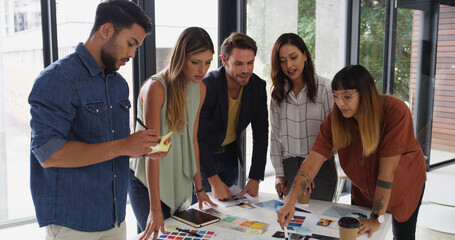 Poster - Campaign, designers or people with teamwork for planning, brand color or startup decision. Sticky note, review or creative project manager in business with group, ideas or meeting for swatches choice
