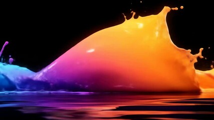 Poster - abstract video of colorful liquid waves splashing, reflecting vibrant hues on dark surface, showcasi