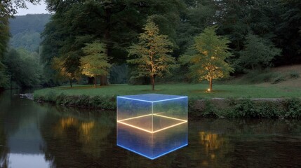 Wall Mural - Glowing Cube in Serene River Landscape  Night Photography