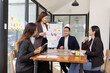 © SOMKID - Group of Asian business working plan analysis project brainstorm in modern office, Asian businesspeople team working together, Business startup and company strategy planning concept.