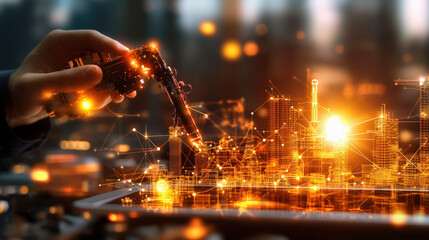 Aufkleber - Person interacts with glowing digital city model using robotic arm, symbolizing innovation and technology in urban planning. scene is vibrant and futuristic