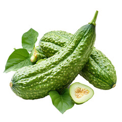 Poster - Bitter melon with textured bumpy surface is displayed alongside green leaves and sliced section revealing seeds, isolated on transparency background