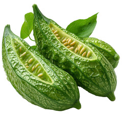Aufkleber - Bitter melon with textured bumpy surface is shown isolated on transparency background, featuring vibrant green color and seeds visible inside. fresh leaves add natural touch