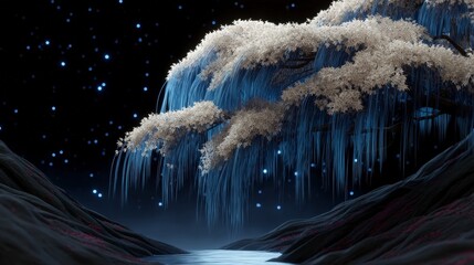 Wall Mural - Ethereal Night Scene  Magical Willow Tree  Glowing Lights  Fantasy Landscape