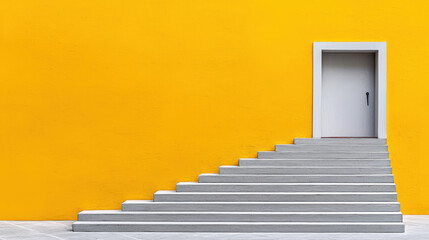 Leinwandbilder - White door stands at top of minimalist staircase against vibrant yellow wall, creating striking visual impact