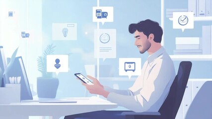 Poster - Man working on his phone with digital icon business technology illustration