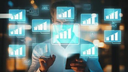 Poster - Sophisticated businessman interacts with digital financial data overlays on mobile device