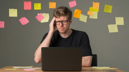 Poster - Office worker experiencing a headache from excessive workload, surrounded by sticky notes symbolizing tasks and deadlines, illustrating the strain of a demanding job
