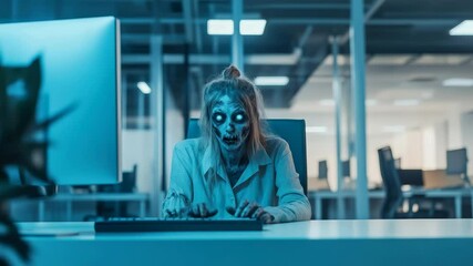 Poster - Post apocalyptic office scene features an undead woman, her face decaying, diligently typing on a computer keyboard in a dimly lit, seemingly deserted office space