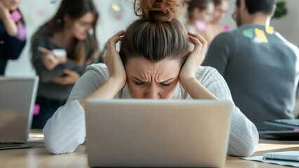 Aufkleber - Professional female ignoring coworkers' loud argument, blocking ear noise while typing on laptop in crowded open workspace, experiencing workplace stress and communication disruption