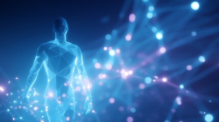 Poster - Digital figure composed of glowing particles stands in an abstract environment filled with light effects in a creative and futuristic setting