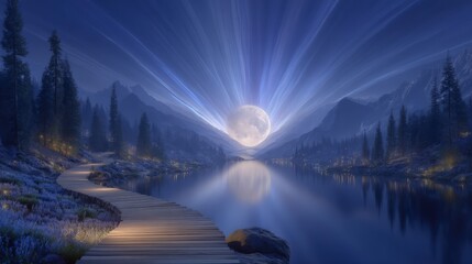 Wall Mural - Serene Night  Full Moon Lake  Mountains  Wooden Dock  Pathway