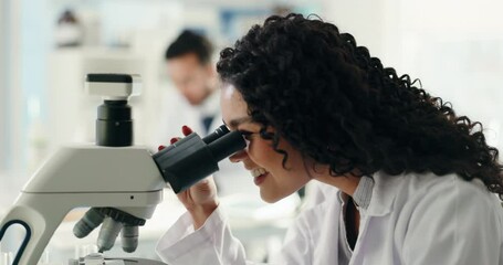Poster - scientist, woman and microscope with smile for chemistry project, breakthrough or medical research. 