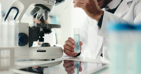 Aufkleber - Microscope, chemical and hands of scientist in laboratory for futuristic pharmaceutical innovation. Glass vial, biotechnology and male biologist with liquid for medical research, discovery or project