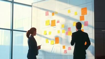Aufkleber - Two businesspeople are pointing at sticky notes on a whiteboard, planning a strategy for their company in a modern office with large windows