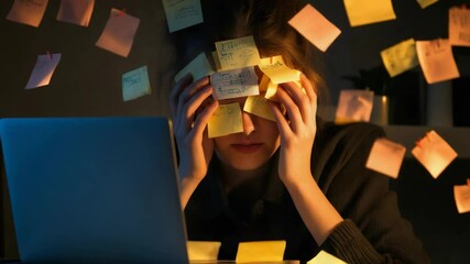 Poster - Young businesswoman sitting at desk with laptop, covering her face with sticky notes, overwhelmed by workload and deadlines, experiencing burnout and stress in a dark office at night