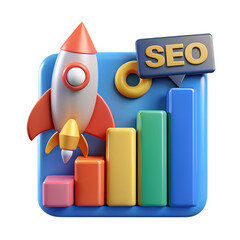 Poster - 3d illustration depicting seo success with rocket launch and growing chart graphic