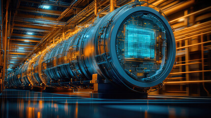 Aufkleber - Futuristic digital twin technology, advanced machine, glowing blue light, industrial interior, innovation