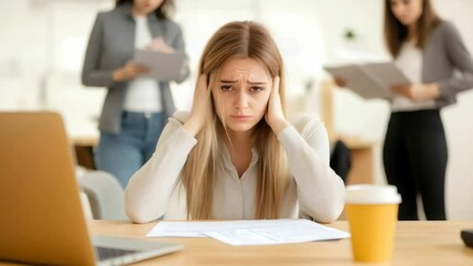 Aufkleber - Professional businesswoman blocking ears, experiencing workplace tension, sitting near arguing coworkers, overwhelmed by loud conversation and mounting workplace stress