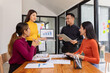 © SOMKID - Group of Asian business people working together to presentation with dashboard analysis data management a meeting table in office, Business investment metrics or planning concept.